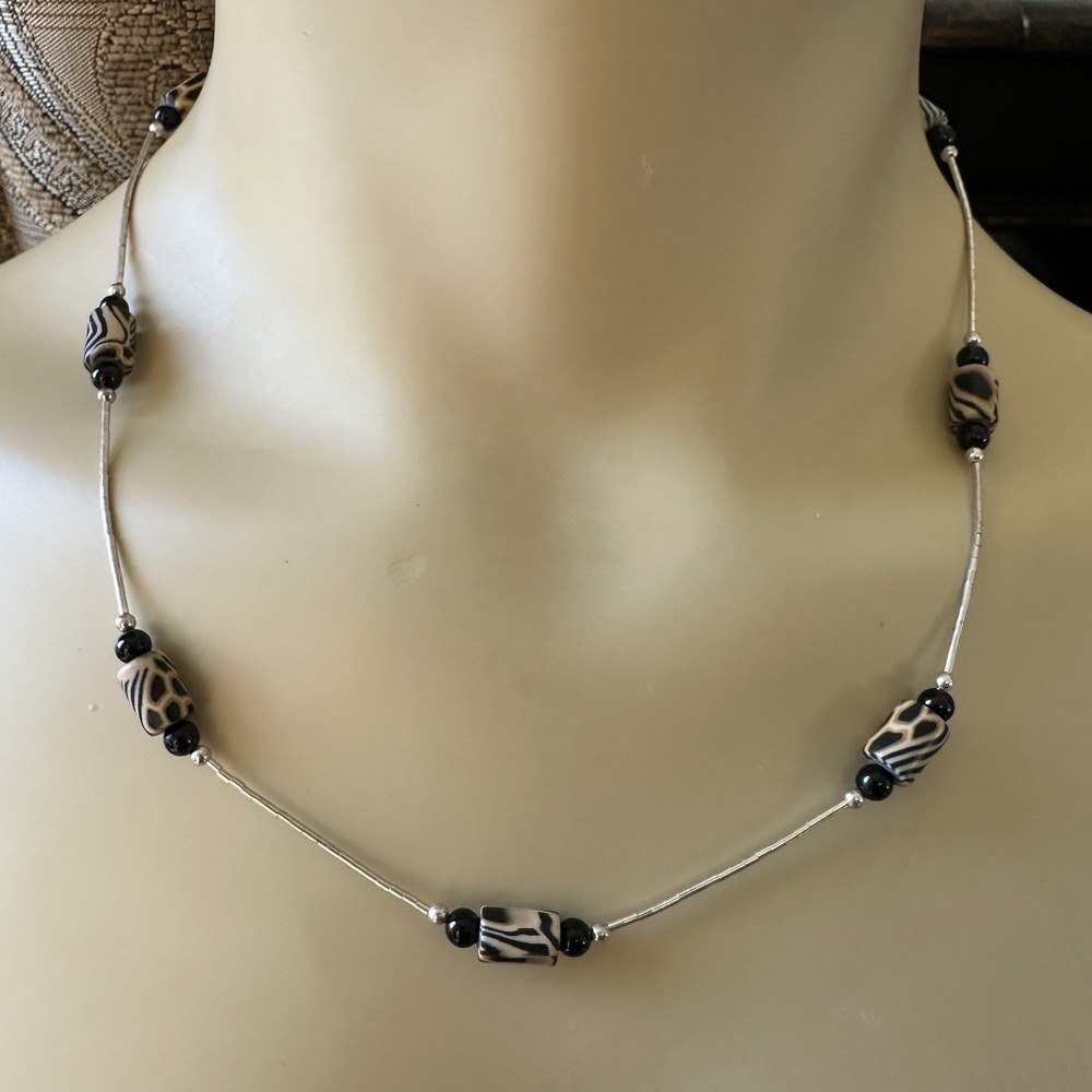 Vintage Artisan Necklace‎ 18 Inch Animal Print Clay Beads Boho 925 Sterling 6.1g